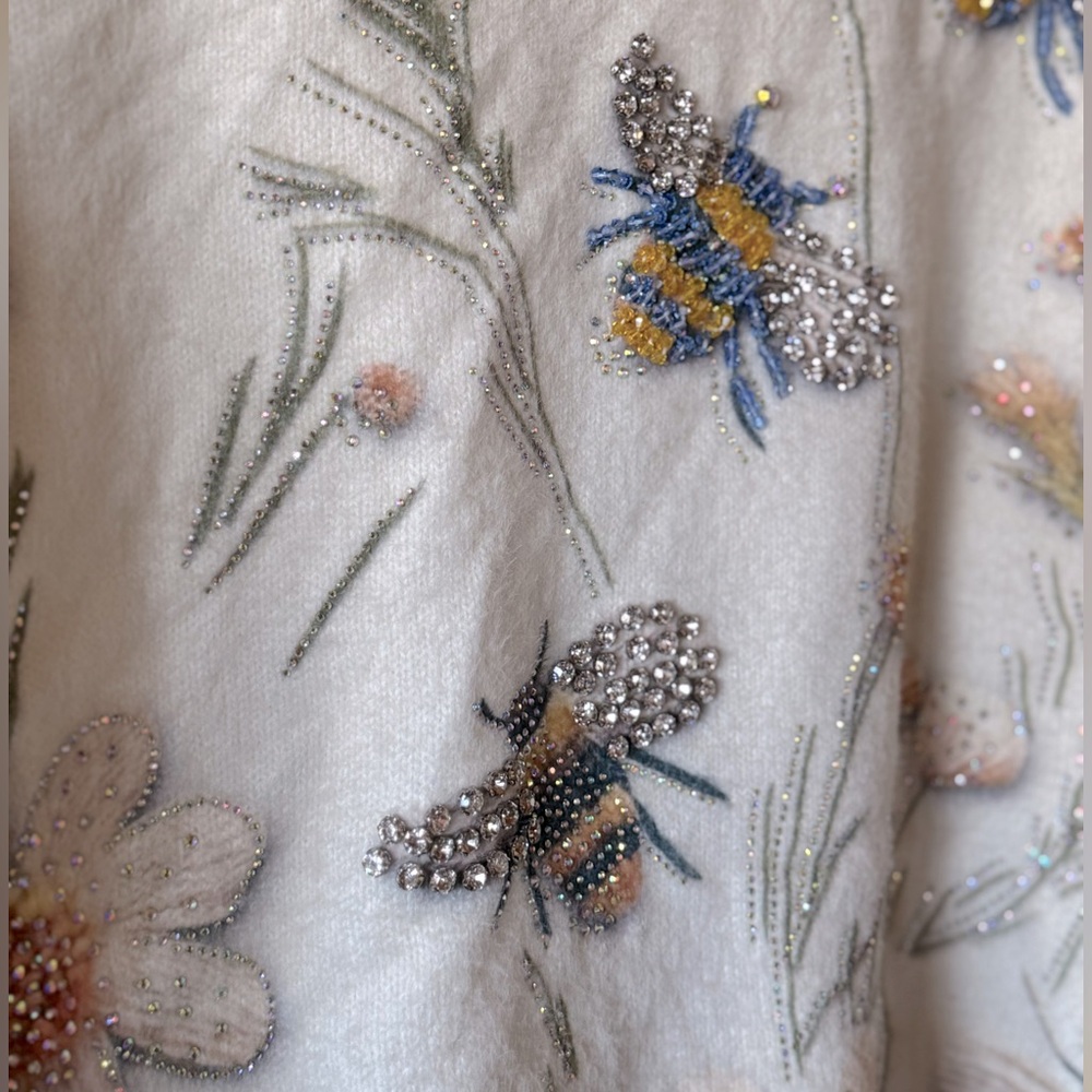 Crystal Bumble Floral and Bee Embellished Soft White Sweater - Picture 4 of 6